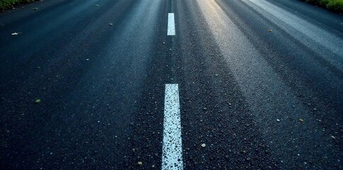 Dark asphalt road with white markings, creating a textured background, transportation, traffic