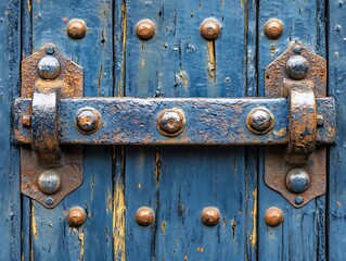 Fototapeta premium Rustic blue door lock with aged bolts and wood