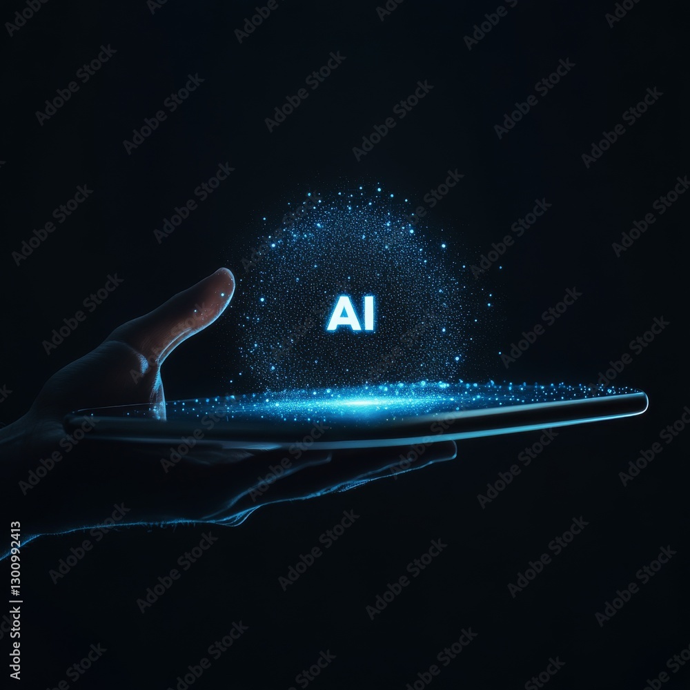 Poster artificial intelligence on device: hand holding tablet displaying a holographic ai interface