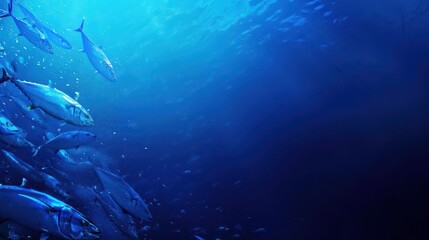 Obraz premium Underwater scene with school of tuna fish celebrating world tuna day. Horizontal banner. Copy space