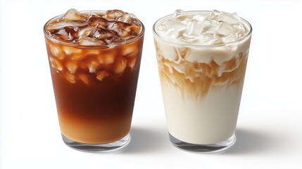 Two frosty latte glasses glisten with condensation, filled with rich espresso and creamy milk over clinking ice cubes.