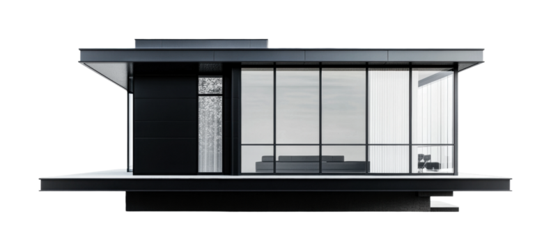 Modern architectural design showcasing a sleek black house with extensive glass windows and minimalist interior, cut out