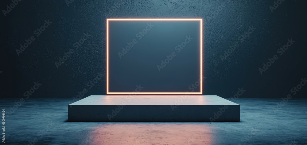 Poster minimalist display platform with glowing frame in a dark room.