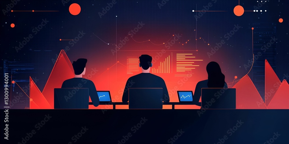 Poster influencer marketing concept. three figures analyze data on screens against a futuristic red and blu