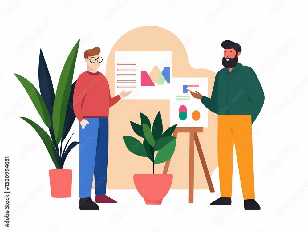 Poster influencer marketing concept. two men discussing charts and graphs in a modern office setting with p
