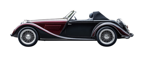 Classic convertible sports car in sleek black and burgundy design for automotive enthusiasts and vintage car collectors, cut out