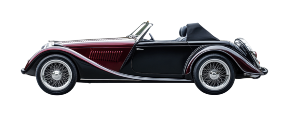 Classic convertible sports car in sleek black and burgundy design for automotive enthusiasts and vintage car collectors, cut out