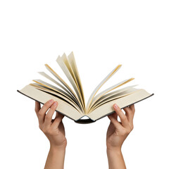 Hands holding an open book with blank pages against a transparent background.