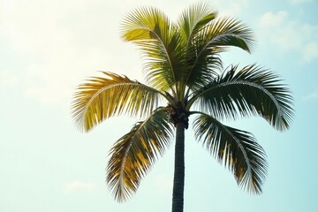 Double exposure image of palm tree with messy leaves overlaid on blurred background, artistic, green