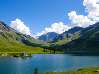 Fototapeta premium Serene Alpine Lakescape with Picturesque Mountain Hut
