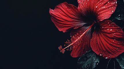 Close up of a blooming red flower with water droplets