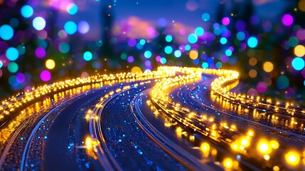 Enchanting nighttime road with twinkling lights scenic landscape digital art vibrant colors aesthetic viewpoint magical atmosphere