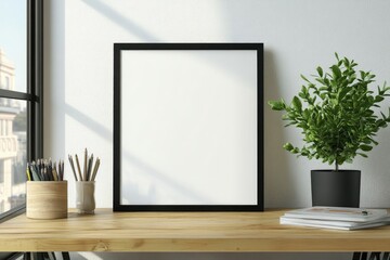Modern Panel on Table of Office Room Minimalist Black Frame Mockup for Design