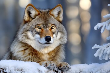 Obraz premium The majestic grey wolf poses peacefully in a snowy landscape