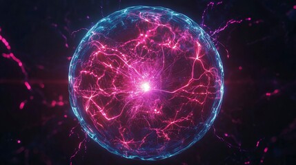 A red and blue plasma ball, emitting vibrant light in the dark room. The sphere is circular with intricate patterns of neon pink lines on it