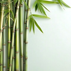 Vertical arrangement of green bamboo stalks with verdant leaves present