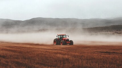 Fototapeta premium Tractor working field, dust, mountains, overcast
