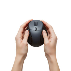 Hands holding a black wireless trackball mouse against a transparent background.