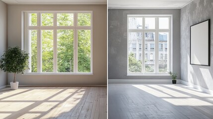 Fototapeta premium Empty room interior design comparison, sunlight through windows