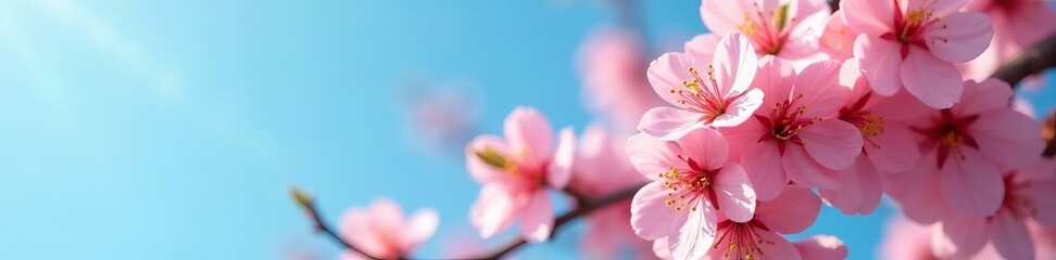 Obraz premium Close-up of vibrant peach blossoms in full bloom against a blue sky backdrop, sky, flowers