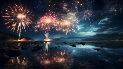 Spectacular Fireworks Display Reflecting Over a Serene Mountain Lake at Night, Amazing fireworks view in the night sky, concept background