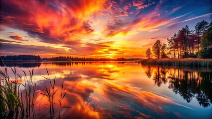 Fototapeta premium Golden hour magic: Double exposure captures sunset's fiery reflection on tranquil lake waters.