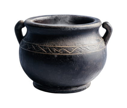 Ancient cooking pot with steam, representing traditional culinary practices in historical cultures for decoration or use, cut out