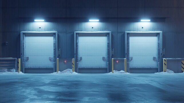 Three loading bays on a warehouse exterior at night time
