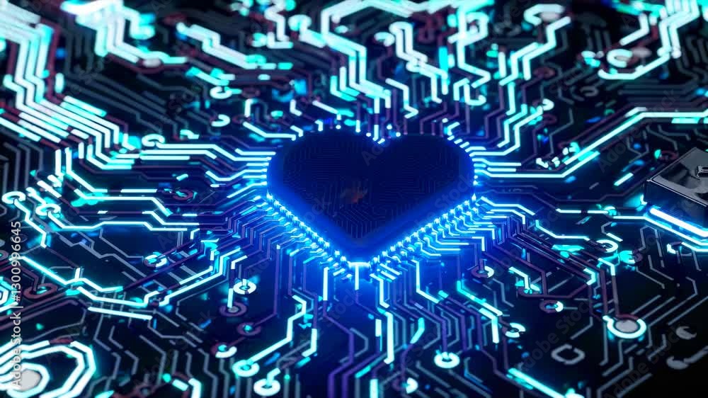 Poster circuit board showcases glowing microprocessor in heart design. neon-traced pathways pulse with oran