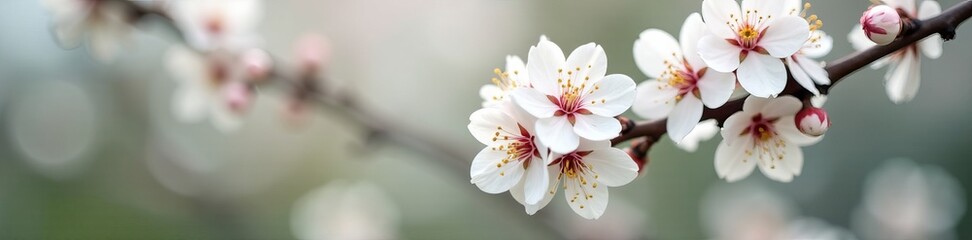 Fototapeta premium Close-up of white cherry blossoms on tree branches, plant, petal