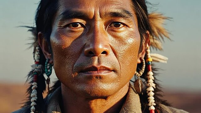 Close-up portrait of a Native American apache Indian with feathered ornaments, gazing intensely at the horizon