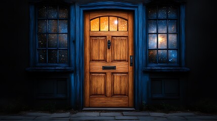 Illuminated Wooden Door Flanked by Starry Windows