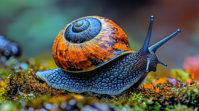 Colorful snail crawling on mossy forest floor