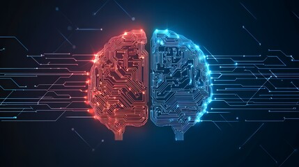 A digital representation of a brain divided into red and blue circuits.