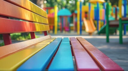 A colorful rainbow bench sits near an outdoor playground area