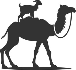 Camel carrying a small goat in a basket, looking forward animal vector silhouette