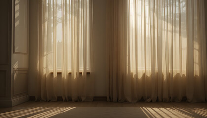 Obraz premium Sunlight Streaming Through Beige Curtains In Empty Room