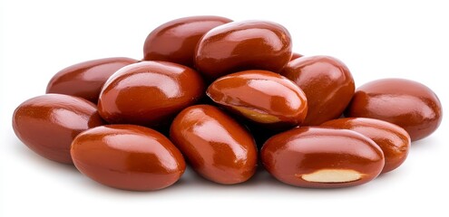 Pile of Glossy Brown Chocolate Covered Nuts on White Background