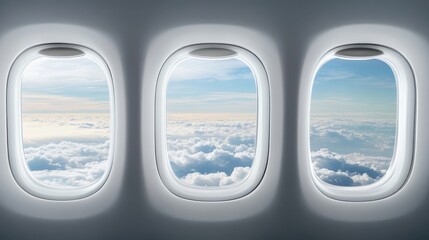 3 airplane windows with a view of clouds, the view from inside the plane, blue sky, white background,