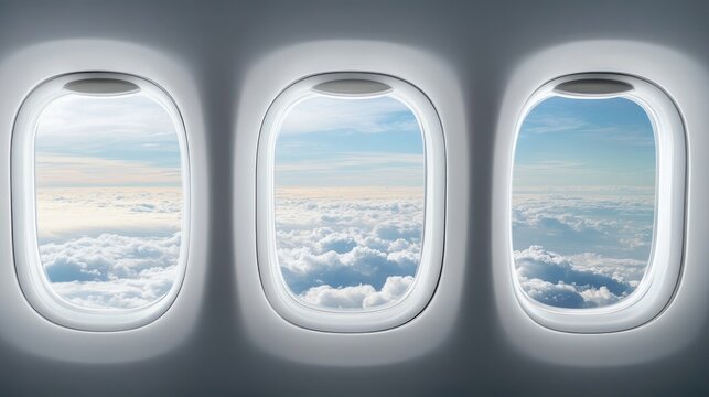 Fototapeta 3 airplane windows with a view of clouds, the view from inside the plane, blue sky, white background,