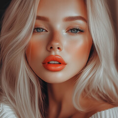 Fototapeta premium A striking close-up of a young woman with platinum blonde hair glowing in natural light.