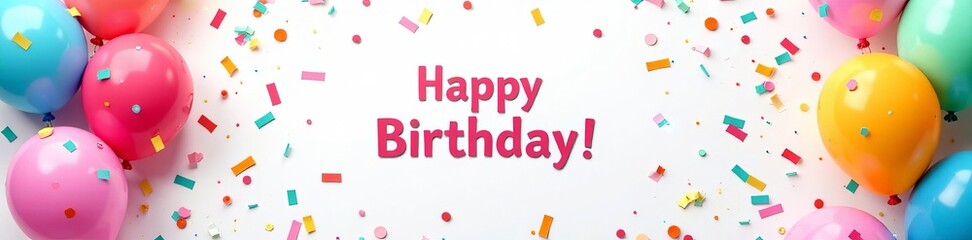 Colorful confetti and balloons on white background with "happy birthday" message, birthday, greeting card
