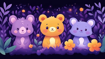 Naklejka premium Pastel purple kawaii background with cartoon animals, fairycore style.