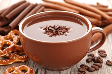 Fototapeta premium A Warm Cup Of Hot Chocolate With Treats And Coffee Beans