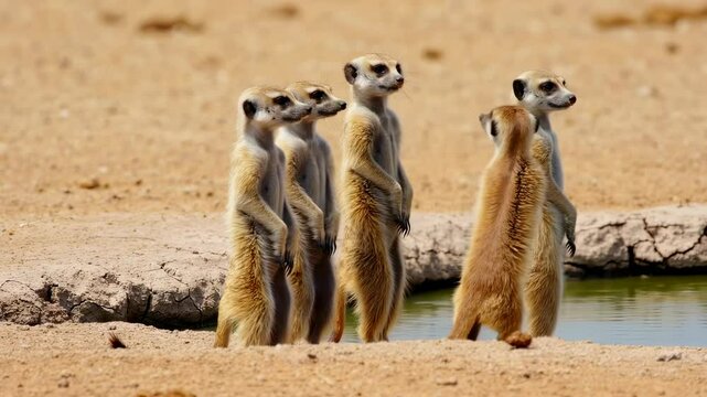 A group of meerkats stands upright near a small water source, attentively scanning the surroundings for potential threats in the dry savanna.