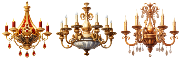 Elegant vintage chandelier with gold detailing and candle lights, isolated on transparent background