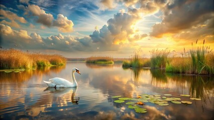 Fototapeta premium Dreamy impressionist image of a swan floating on a serene lake, surrounded by water lilies and tall reeds, under a soft and cloudy sky with warm golden light , wildlife, swan on lake