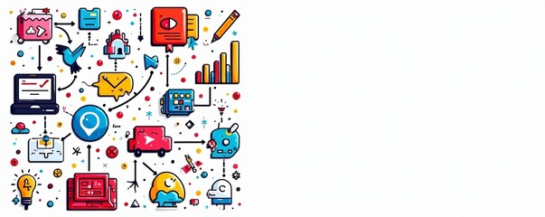 Colorful internet icons doodle on white background, social media, network