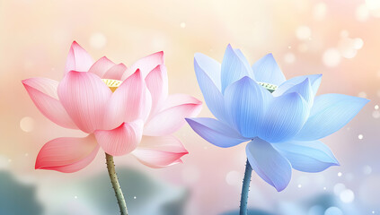 Fototapeta premium colorful background with waves and two flowers in pink and blue