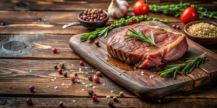 A juicy beef tongue cutlet on a dark wooden table, surrounded by rustic elements , chulet?n, dark wood